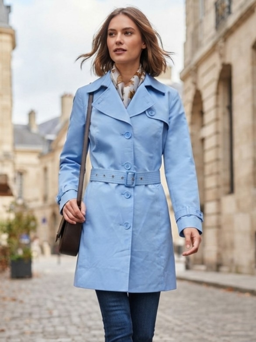 Guillame Women's Powder Blue Trench Coat with Belted Waist Size Med